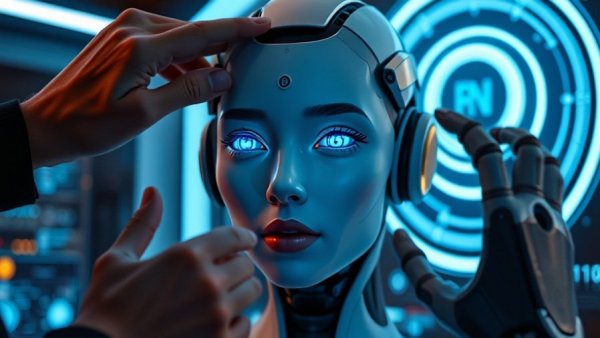 Futuristic AI woman inspected; relates to Best AI Girlfriend Apps.