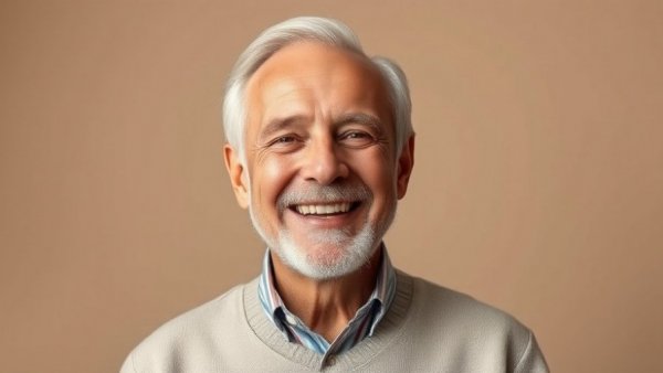 Distinguished elderly man smiling warmly against a neutral taupe background.