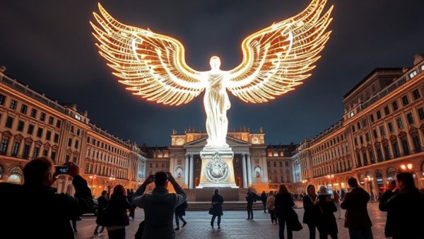 Spectacular drone show over city, people photographing.