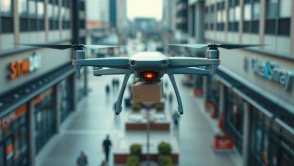 AI agents and drones in commerce: Drone delivering a package over stores.