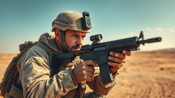 Soldier using SMASH 2000LE fire control system in desert landscape.