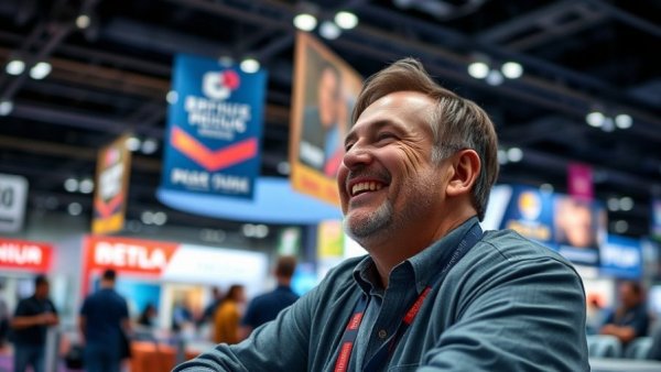 Middle-aged man laughing at trade show booth