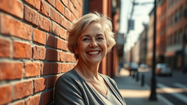 Friendly older woman smiling against a red brick wall.