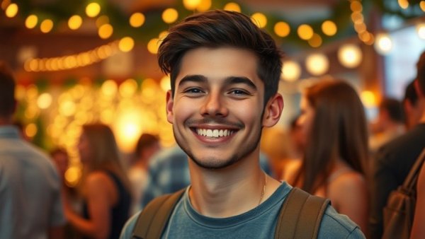 Smiling young person at a social event with warm lighting.