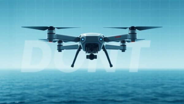 Drone caution over water with 'DON'T' text for safe flying.