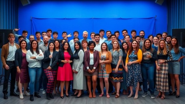Diverse cast in climate change theater setting.