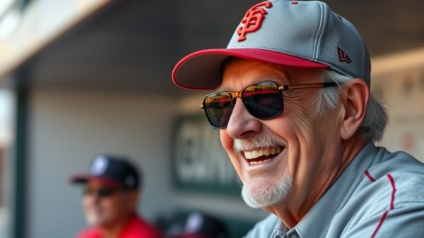 Man with SF cap smiling in baseball dugout, engaging with friend.