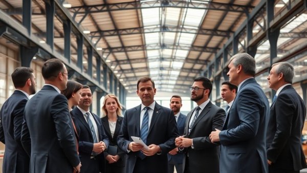 Discussion among business professionals in formal suits in a modern industrial setting.