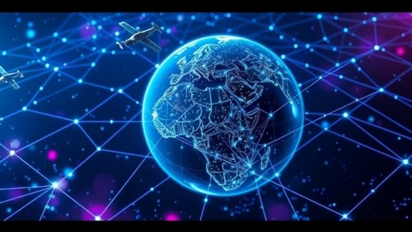 Space-based air traffic surveillance network with satellite grid around Earth.