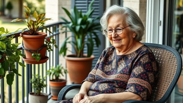 Elderly woman in Berkeley's Nepali community seated on a balcony.