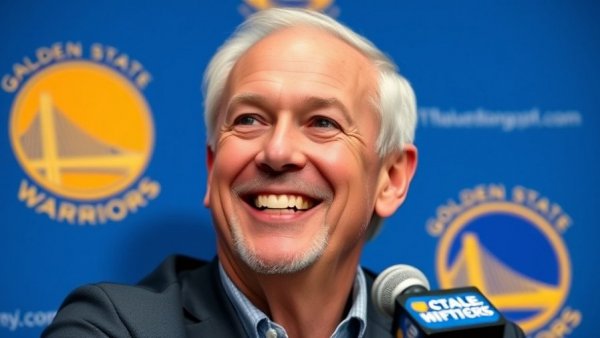 Warriors offseason plans 2026: Man at press event in front of team backdrop.