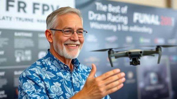 Person discussing drone racing technology with FPV graphics.