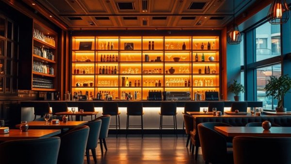 Cozy stylish queer bar in Oakland with elegant lighting and decor.