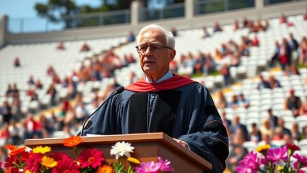 Robert Reich giving a speech at UC Berkeley graduation ceremony, vibrant flowers, clear day.