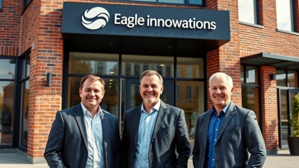 Three professionals outside Eagle Eye Innovations building.