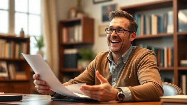 Cheerful man discussing new airspace regulations at home office.