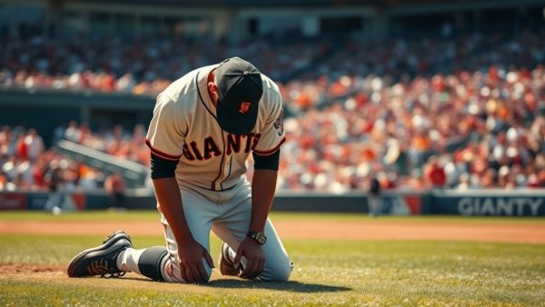Dejected Giants player kneeling on field in defeat, Giants rebuild