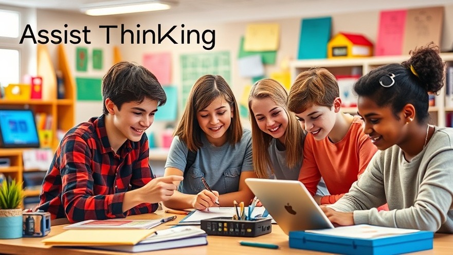 Engaged students utilizing generative AI tools in a vibrant classroom, promoting critical thinking.