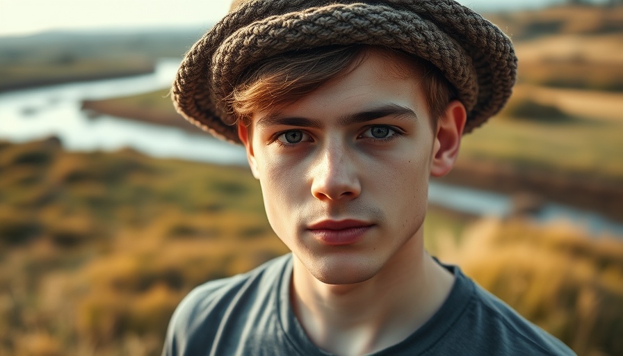 LOE Gino music and community: Man in crochet hat by river.
