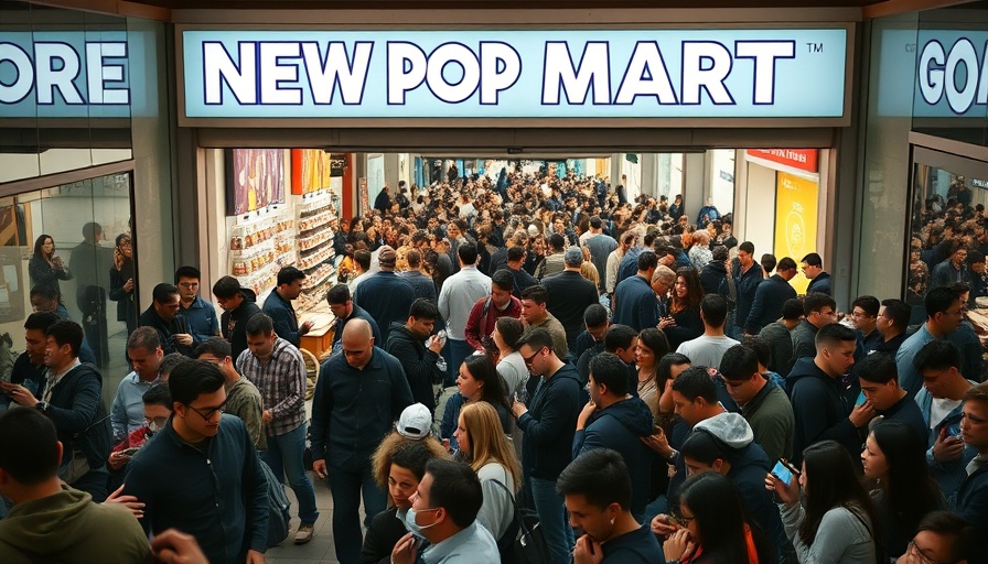 Crowd at New Pop Mart San Francisco entrance with people on devices.