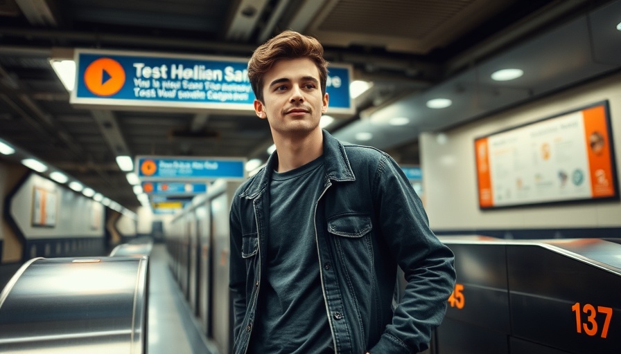 Casual young man at subway entrance for BART and Muni personality quiz.