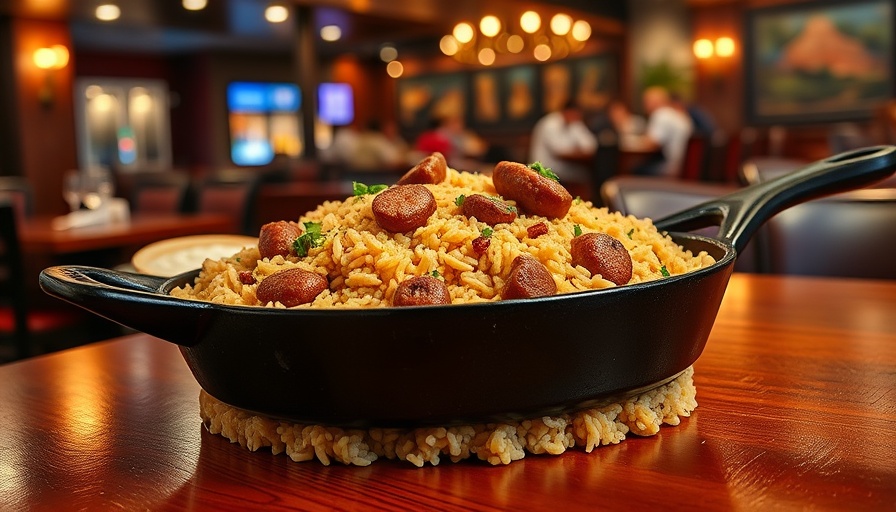 Soul Food in Oakland: Cajun rice dish with sausage on skillet.