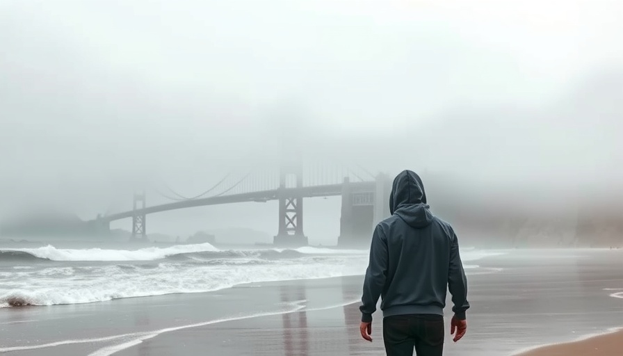 Foggy Golden Gate Bridge with person in hoodie, coldest SF summer.