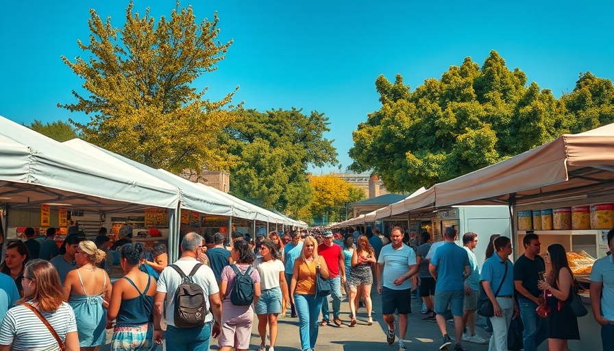 Vibrant Richmond food market scene with diverse crowd under white tents.