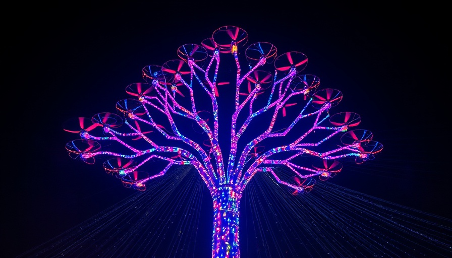 Drone light shows in marketing: vibrant tree design in night sky.