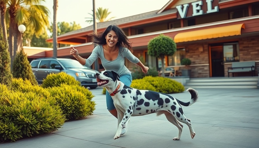 Berkeley hotel industry recovery: Woman playing with dog in hotel courtyard.