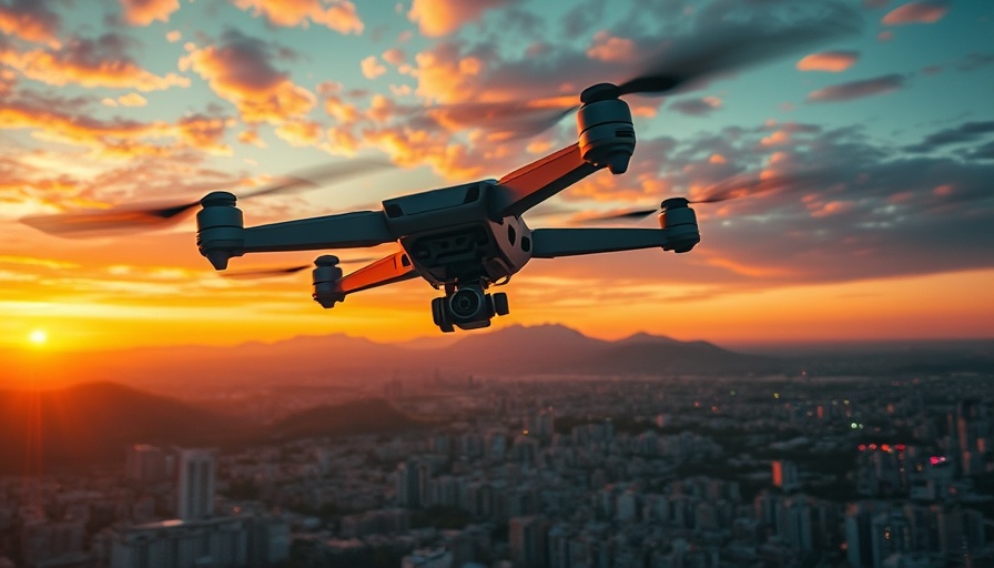 Drones navigating futuristic Russia Class H airspace at sunset.