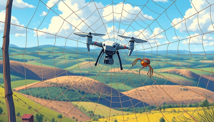 Whimsical cartoon drone caught in a spider web over UK hills.