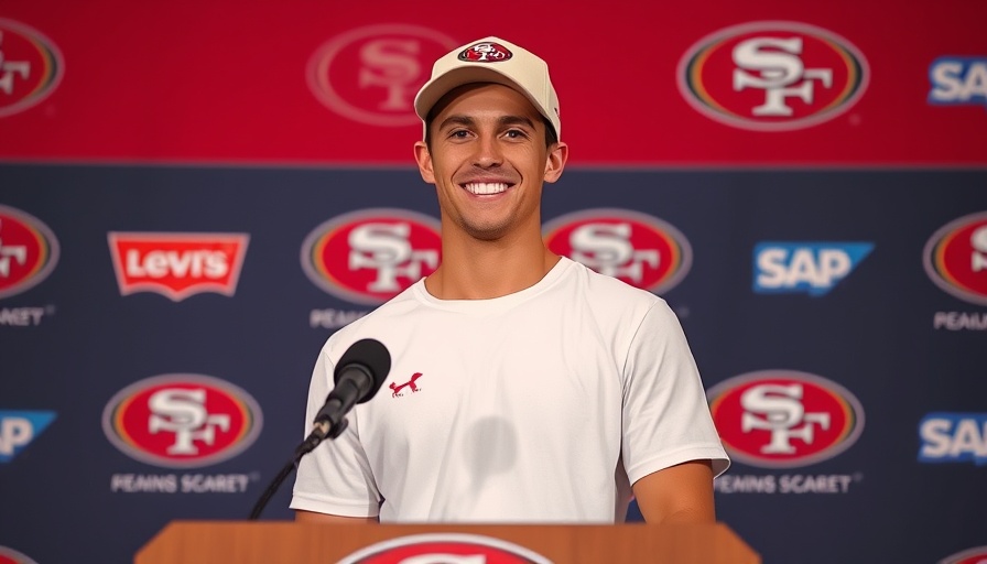 49ers joint practice: young man at podium with 49ers logos.