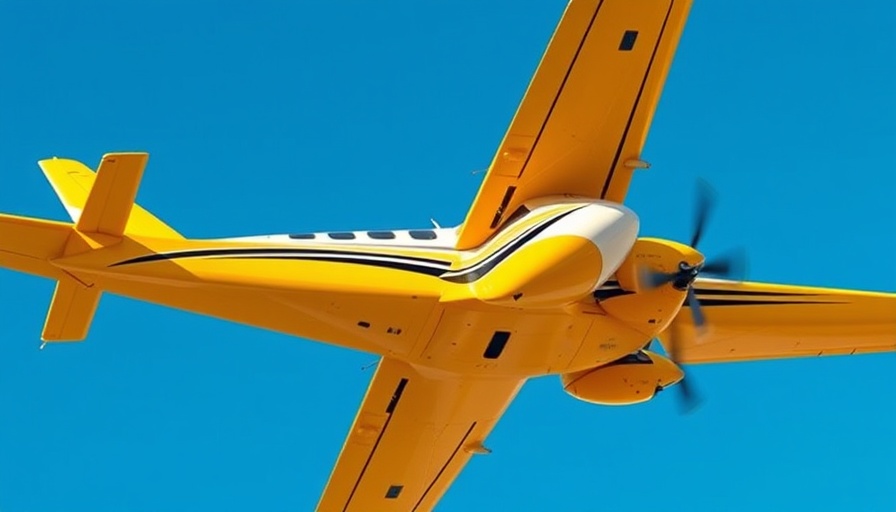 Yellow Electra aircraft in flight, clear blue sky, detailed engineering.