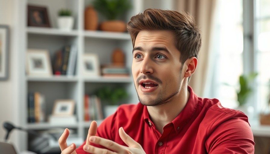 Young man in a red shirt discussing at a desk in a home office.
