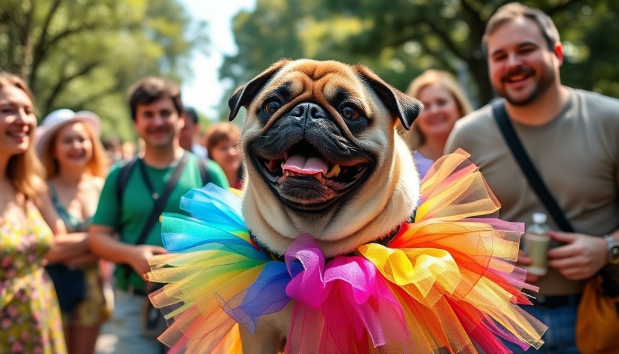 Colorful pug in rainbow tutu at Berkeley Pride Festival.