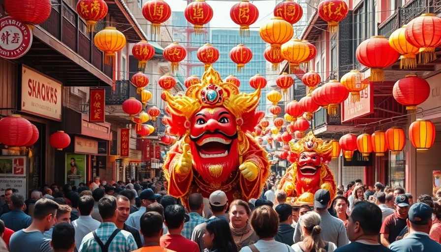 Crowd at Hungry Ghost Festival with deity float and lanterns