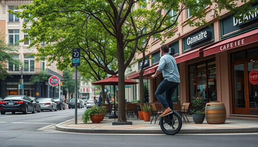 Berkeley housing changes: modern cafe patio with electric unicycle rider