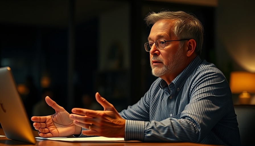 Middle-aged man discussing change in drone regulation indoors.