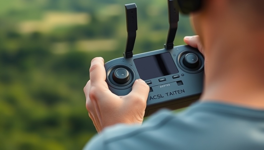 Person operating ACSL TAITEN controller outdoors, focused on screen