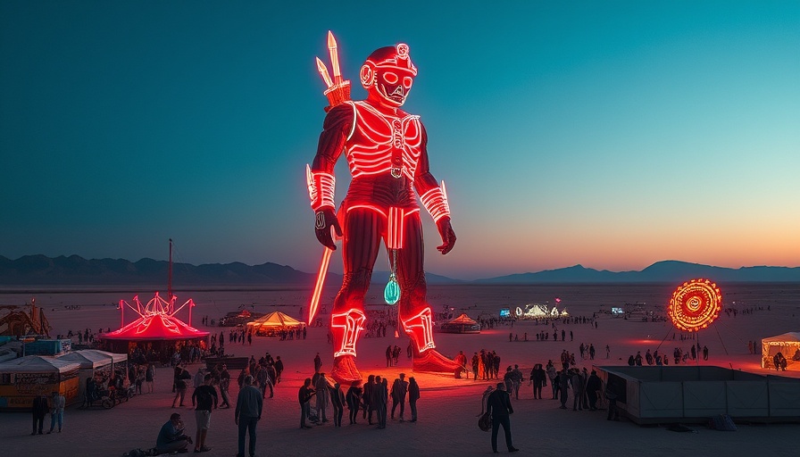 Neon-lit Burning Man figure at desert festival under twilight sky.