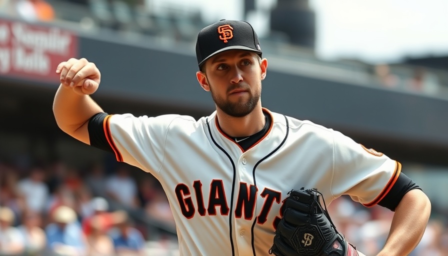 Focused baseball pitcher in Giants uniform pitching on field.