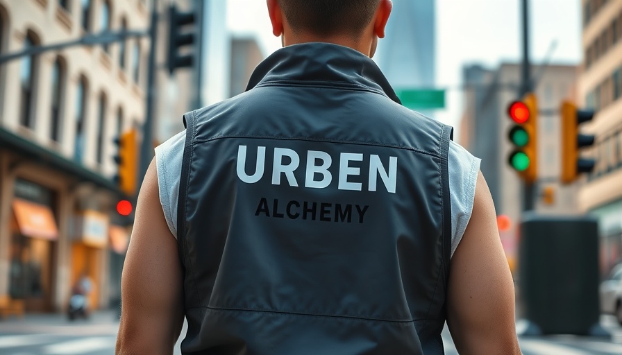 Person in Urban Alchemy vest at city intersection, urban setting