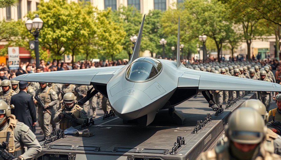Futuristic unmanned stealth fighter design on military vehicle during parade.