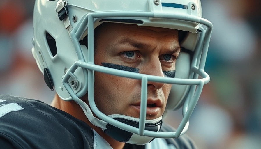 Focused football player with helmet, intense look, sports setting.