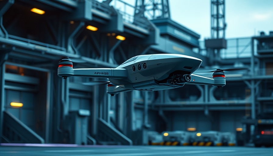 Drone as First Responder launching at dusk from a high-tech station.