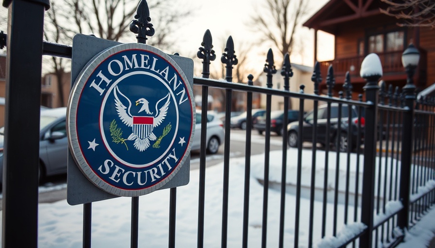Homeland Security sign on a fence in snowy Berkeley