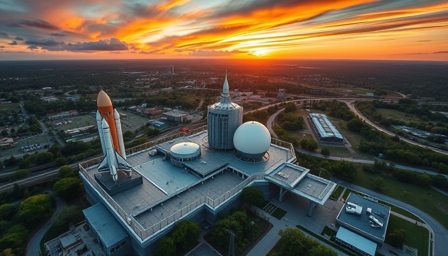 Aerial view of space museum at sunset, vivid skyline.