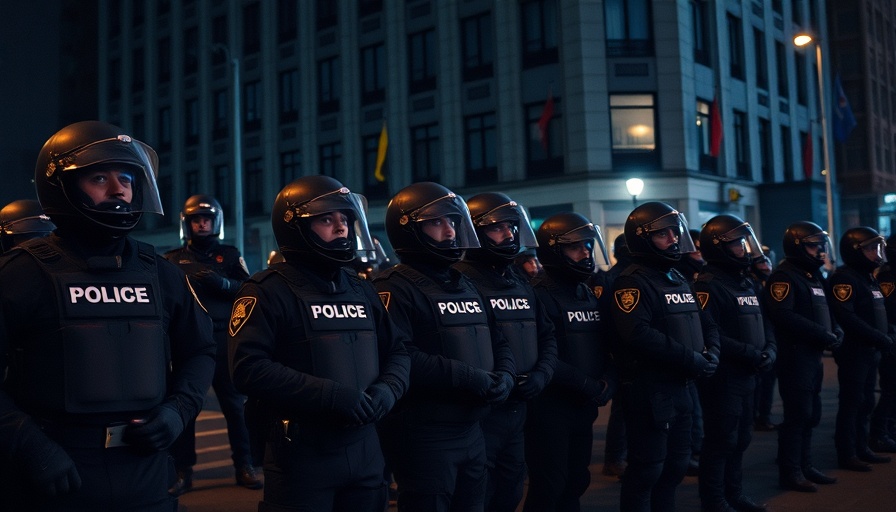Riot police stand guard at night with a building backdrop.