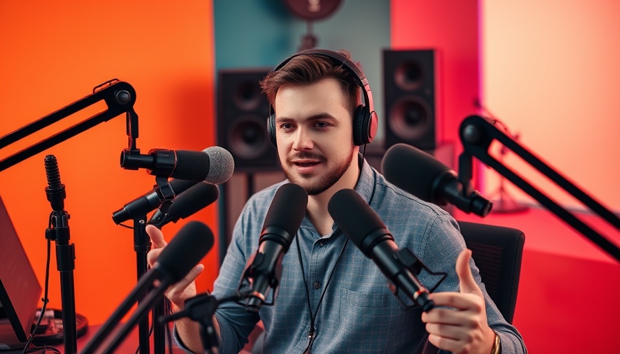 Podcast host discussing drone technology future, vibrant studio setting.
